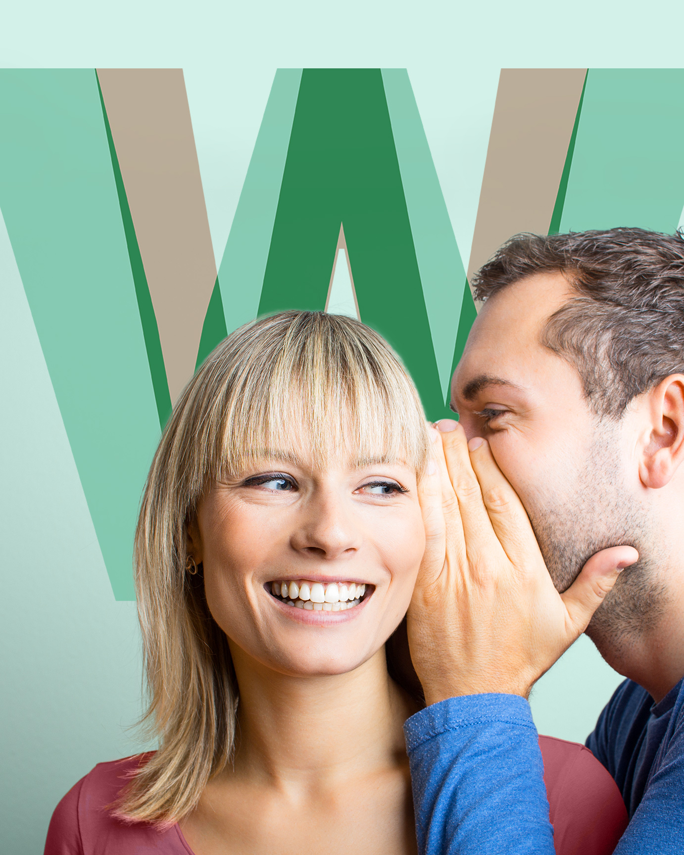 Mann flüstert Frau ins Ohr, mit Logo W im Hintergrund